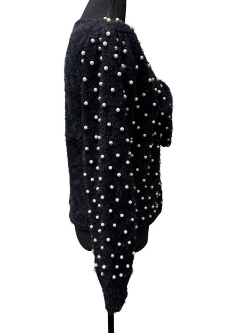 BIBI Black Pearl Embellished Fuzzy Sweater L V Neck Bow Holiday Glam - Picture 6 of 11